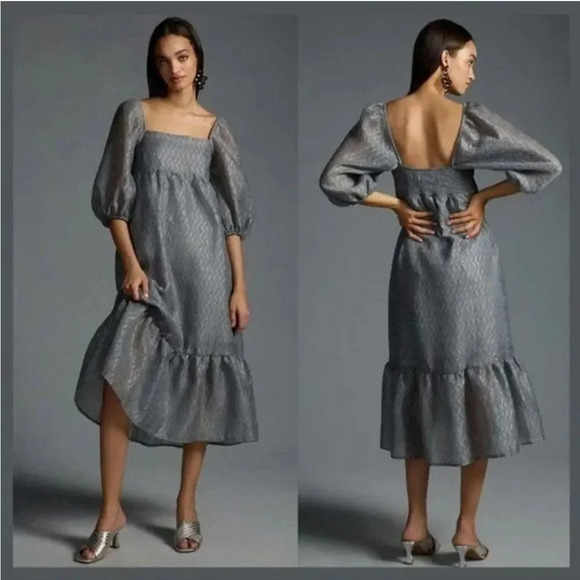 Anthropologie Dresses & Skirts - Anthropologie Size XS Silver Textured Puff Sleeve Ribbed Maxi Dress